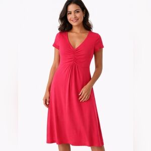 Boden Bright Pink Ruched V-Neck Jersey Dress Women’s Size 2 Short Sleeve Casual